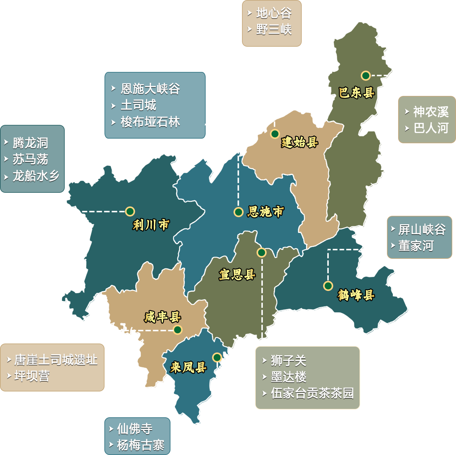 恩施文旅资源全景地图:恩施大峡谷、腾龙洞、唐崖土司城遗址、屏山峡谷等全域景点分布