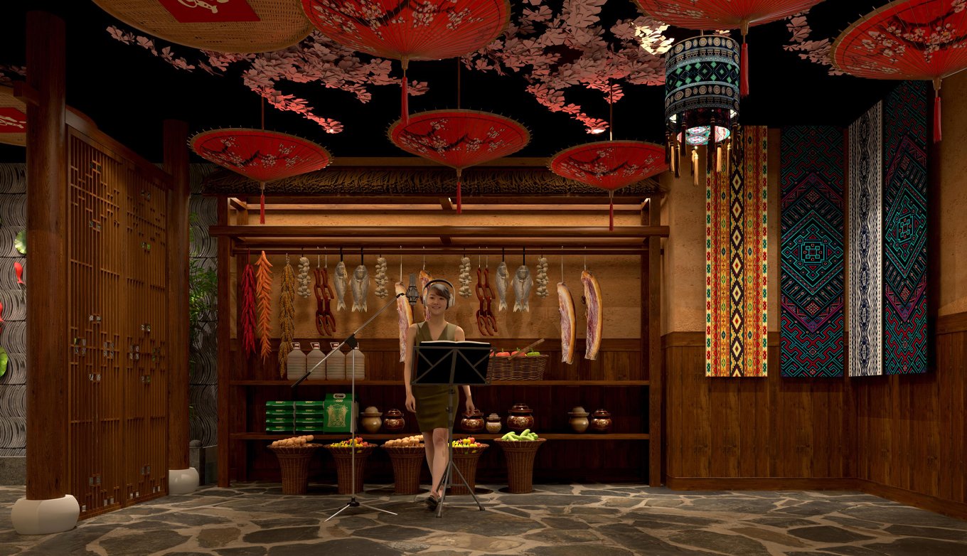 施锦记就餐环境:腊味山货展示墙与土家驻唱舞台