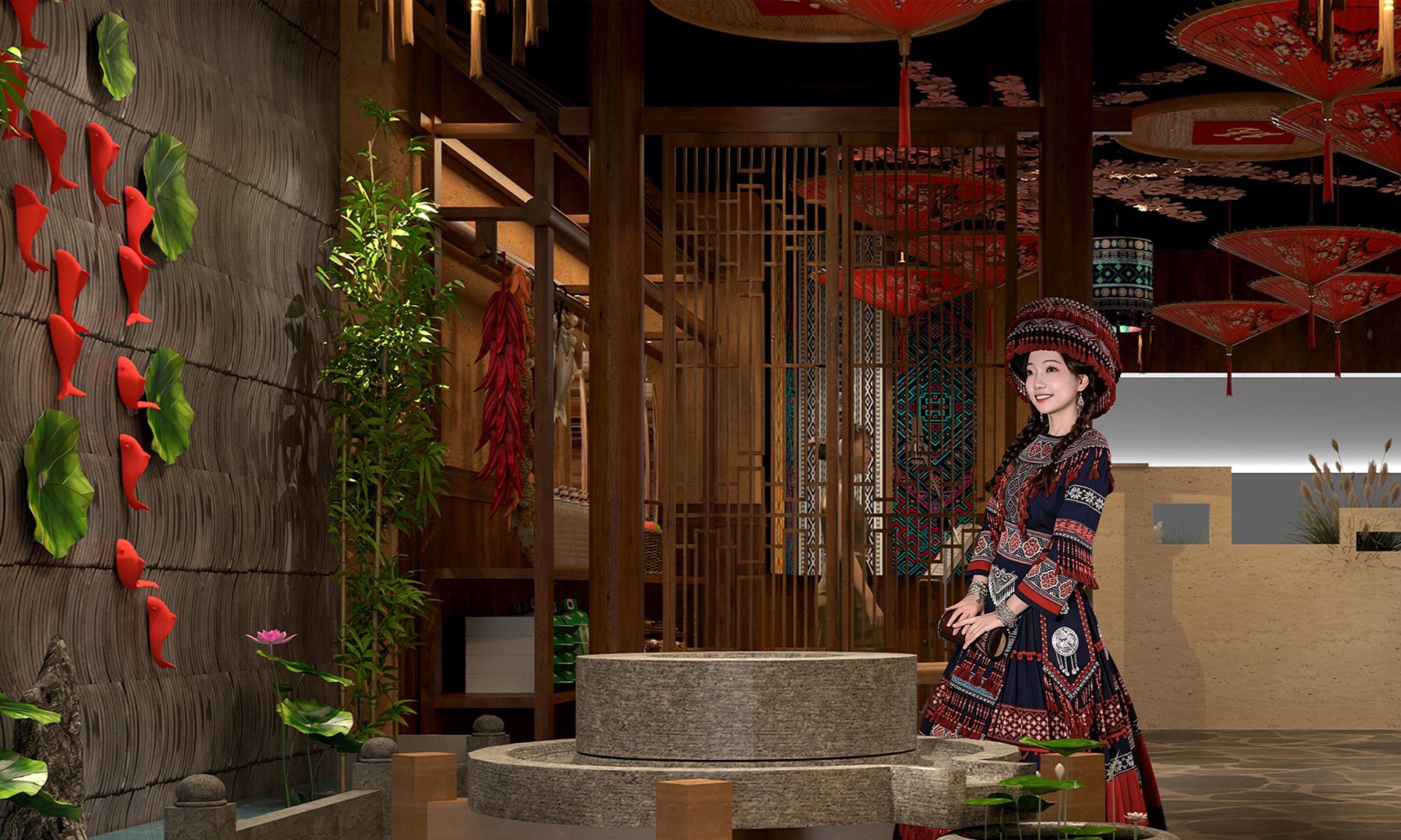 门店实景：土家族服饰迎宾、鱼形墙饰、油纸伞吊顶与石磨水景