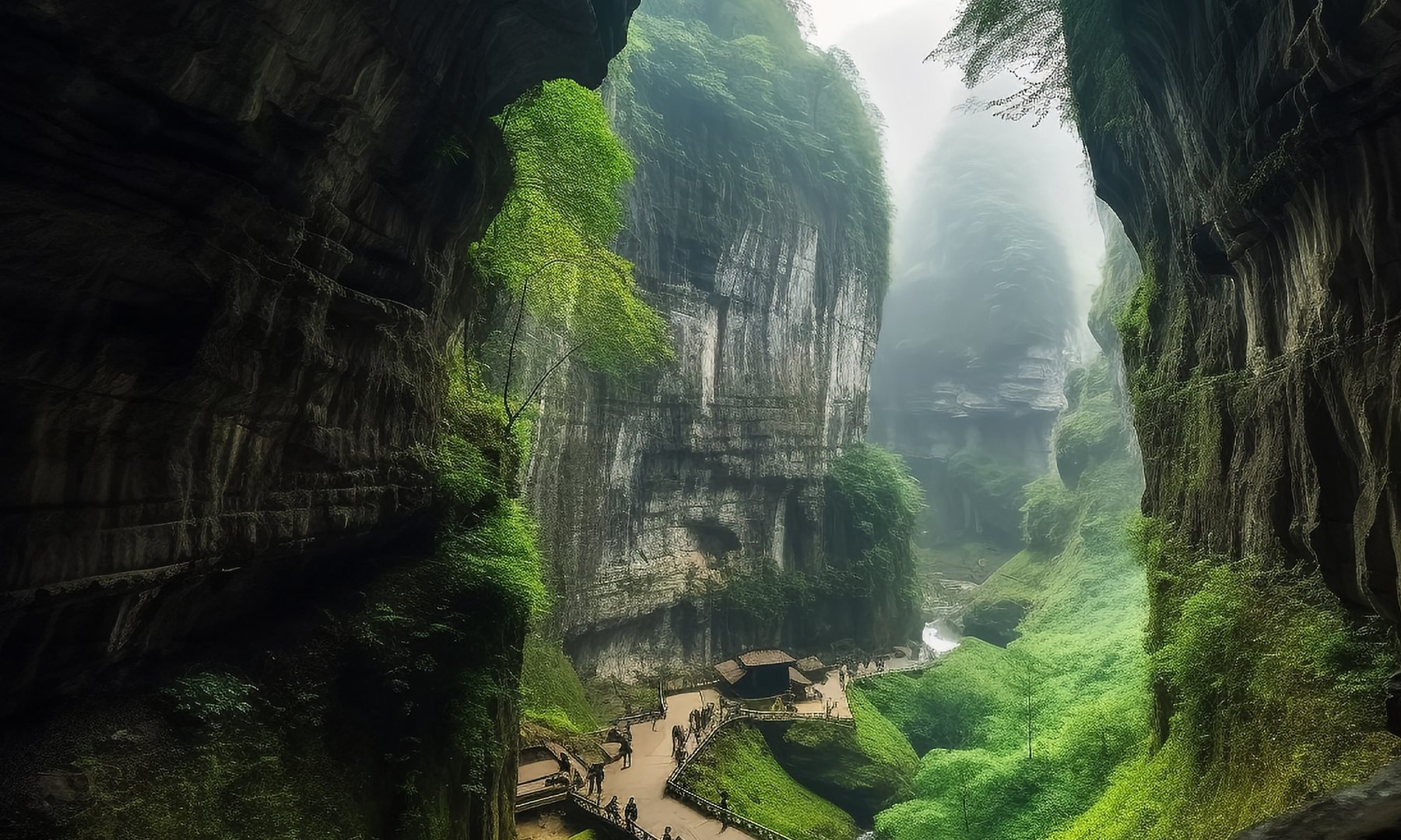 恩施大峡谷实景：峡谷云雾与山间步道