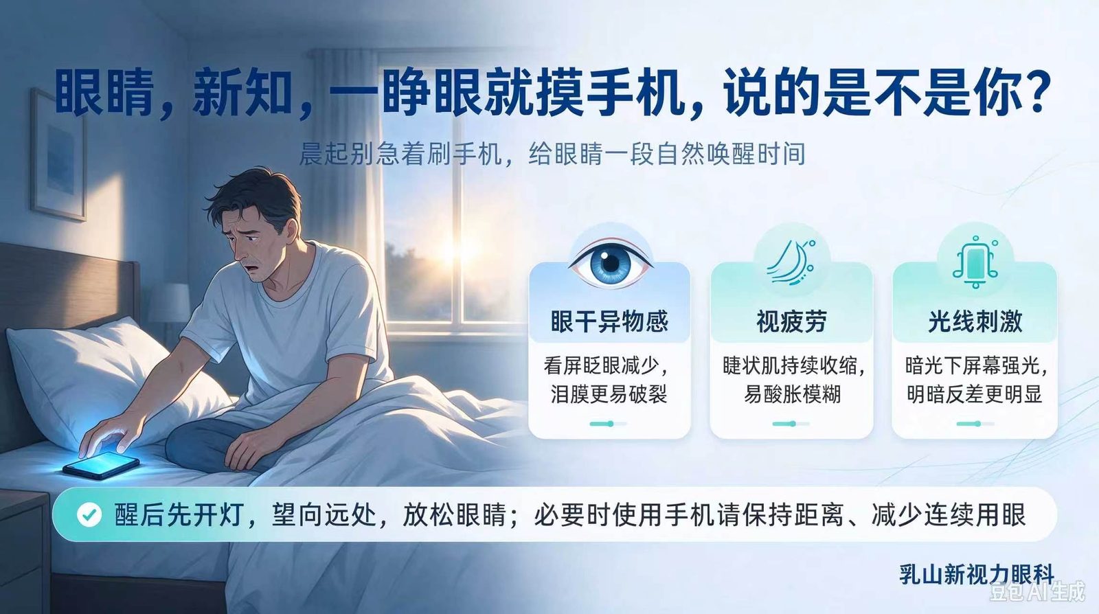 清晨醒来躺在床上看手机,眼干异物感、视疲劳、光线刺激三大隐患示意图